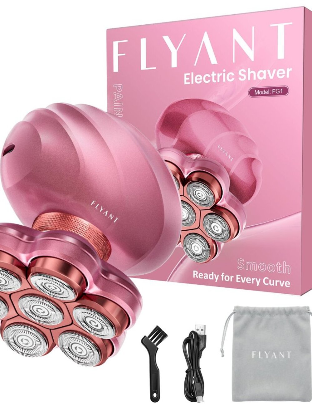 Flyant 7D Rechargeable Electric Shaver for Women - Wet/Dry, IPX7, Pink